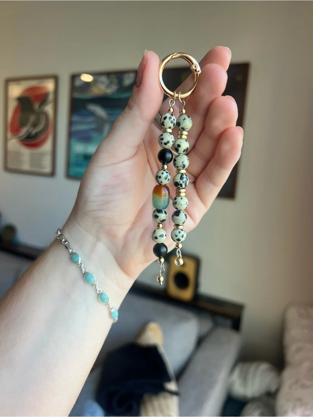 Beaded Dangle Keychain - Spotted Dalmatian Jasper and Multicolor Accent
